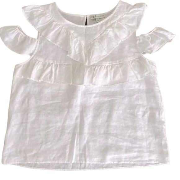 Neiman Marcus 100% Linen Blouse Women’s Size XL White Ruffled Cold Shoulder - Picture 2 of 11